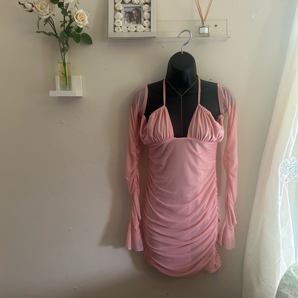 Pink Halter Ruched Dress - Picture 2 of 3